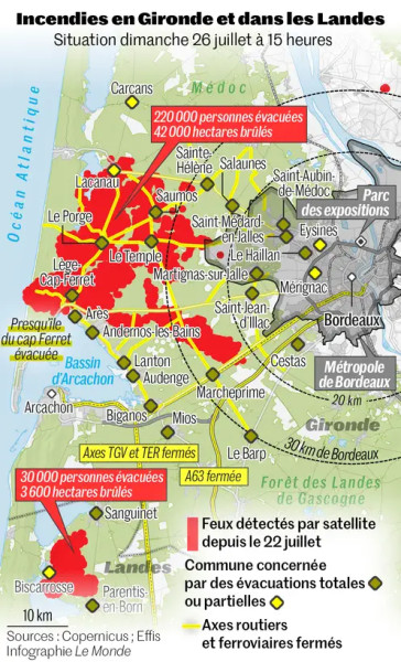 Gironde : les flammes continuent de menacer Sainte-Hélène et Cestas