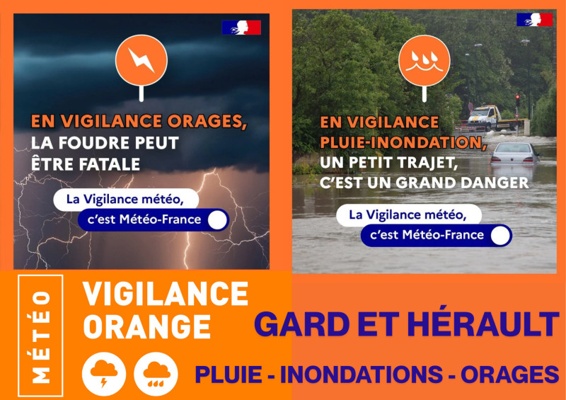 Météo‑France met le Gard, l’Hérault et d’autres départements en vigilance orange pluie‑inondations
